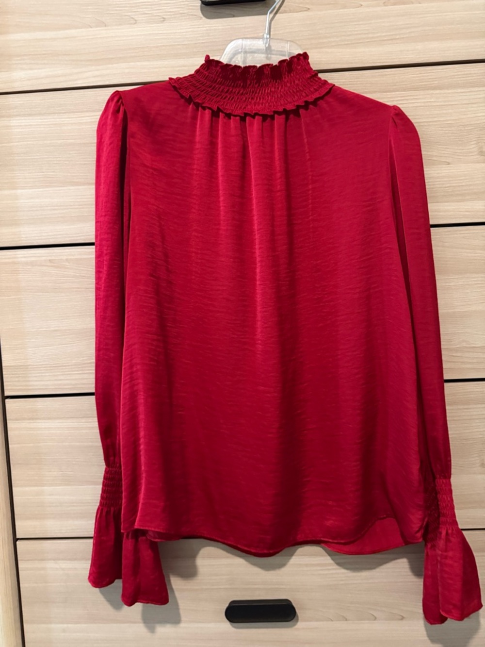 Worthington Red Smocked Mock-Neck Long Sleeve Blouse